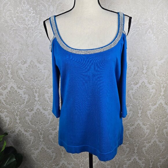 Belldini Size Large Cobalt/Royal Blue Cold Shoulder Knit with Rhinestone Accents - Picture 1 of 13